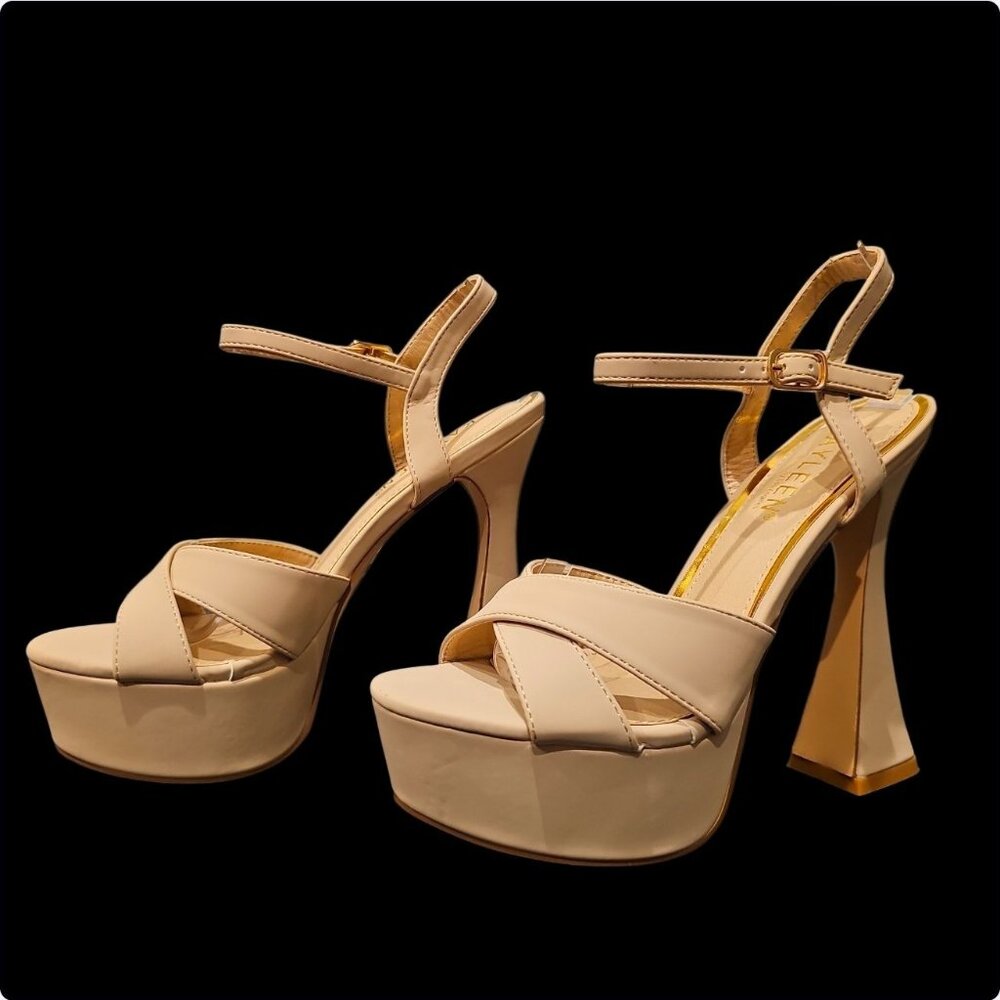 Beige Platform High Heels With Cross-Strap Design & Adjustable Ankle Strap All M